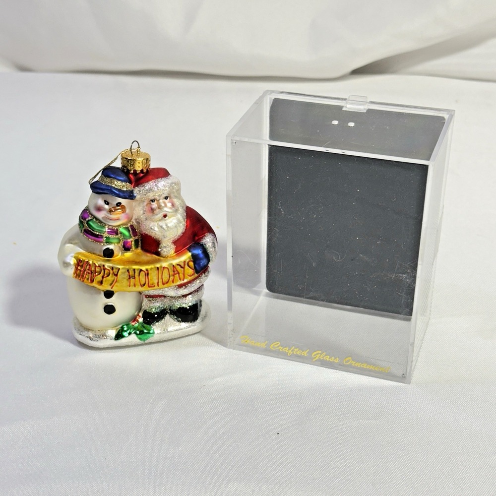 Unique Treasures Vtg 90's Blown Glass 4.5" Christmas Ornament SANTA‎ & Snowman